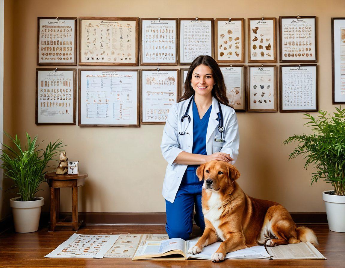 A serene veterinary clinic with a compassionate veterinarian examining a dog and a cat, surrounded by informative charts about pet cancer. The setting is warm and inviting, with soft lighting, plants, and books about oncology. Include symbols of hope like a stethoscope and paw prints. Emphasize a sense of care and knowledge. soft focus. light colors. warm tones. painting.
