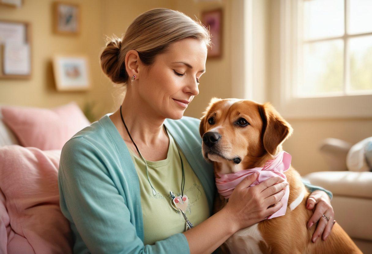 A compassionate scene showing a pet owner gently comforting their dog, who is undergoing cancer treatment. Surround them with symbols of hope like a ribbon and a heart, alongside informative resources like pamphlets on pet cancer care. Soft, natural lighting with a calming background of pastel colors to evoke warmth and reassurance. super-realistic. vibrant colors. warm tones.